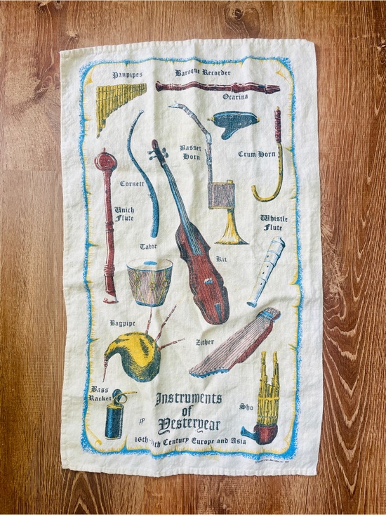 Stevens Linens Other - Instruments of Yesteryear Illustrated Tea Towel - Cream with Blue, Yellow, Red